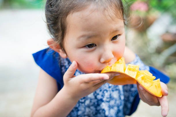 Little girl eating mango
